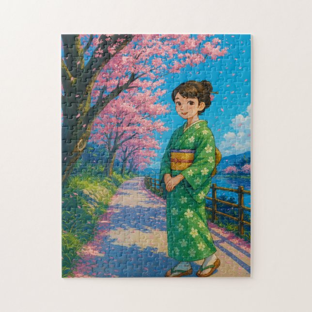 Quebra-cabeça Rolando sob as flores de Cherry - Kimono Japonês (Vertical)