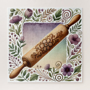 Quebra-cabeça Rolo de Madeira Floral Arte de Cozinha Cottagecore