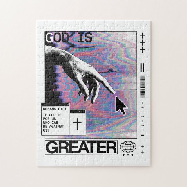 Quebra-cabeça Romanos 8:31 Mão de Deus Cyberpunk Glitch Art (Vertical)