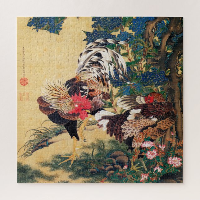 Quebra-cabeça Rooster e Hen com Hydrangeas por Ito Jakuchu (Vertical)