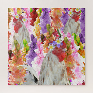 Quebra-cabeça Roosters E Flores Hollyhock,