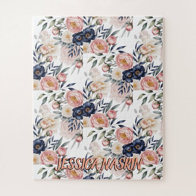 Quebra-cabeça Rosa Azul Naval Pastel Suave Floral (Vertical)