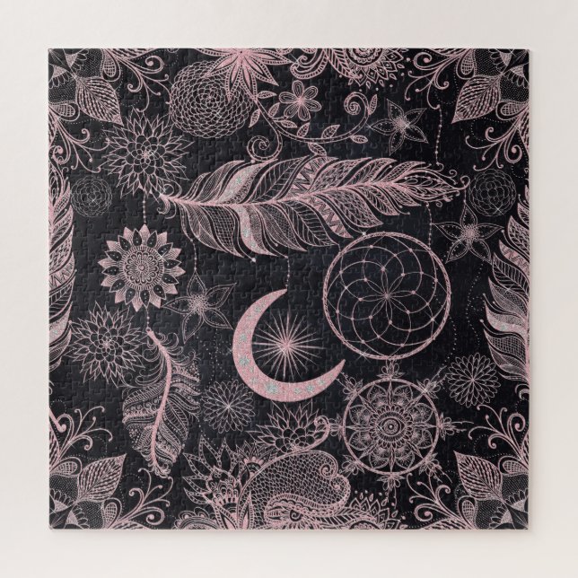 Quebra-cabeça Rosa Dourada Glitter Dreamcatcher Feather Mandala (Vertical)