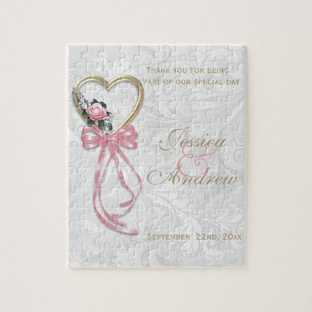 Quebra-cabeça Rosa Romântica, Coração Dourado & Fita Rosa (Vertical)