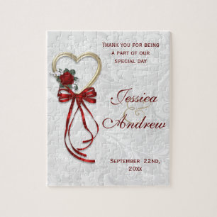 Quebra-cabeça Rosa Romântica, Coração Dourado & Fita Vermelha