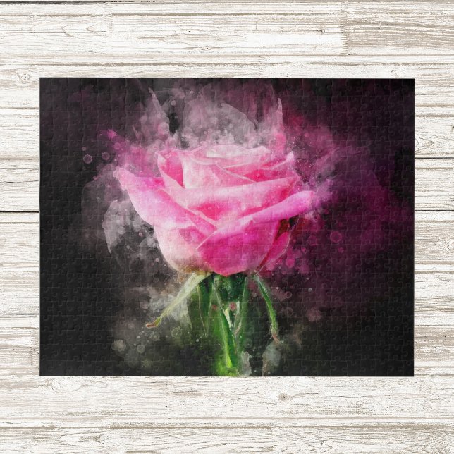Quebra-cabeça Rosa Rosa Aquarela em Fundo Preto (Pink Rose Watercolor on Black Background. Jigsaw Puzzle)