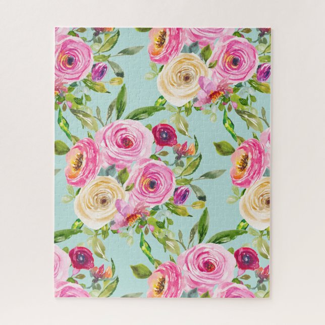 Quebra-cabeça Rosas de aquarelas a rosa e creme em aqua (Vertical)