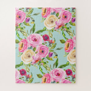 Quebra-cabeça Rosas de aquarelas a rosa e creme em aqua