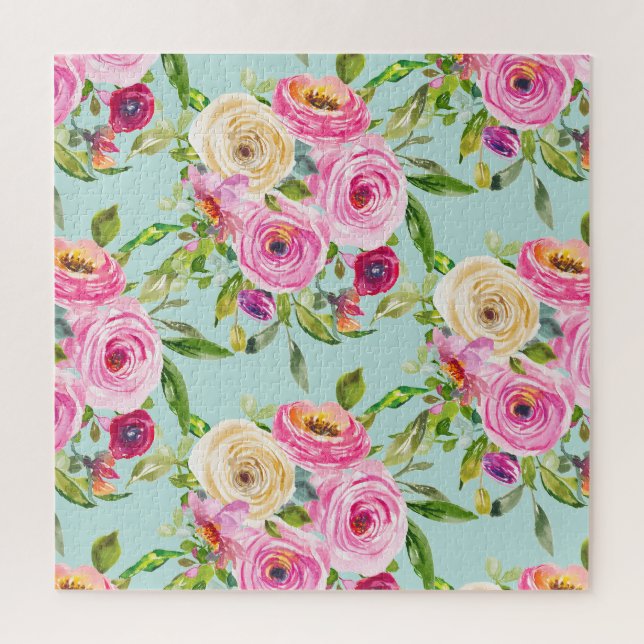 Quebra-cabeça Rosas de aquarelas a rosa e creme em aqua (Vertical)