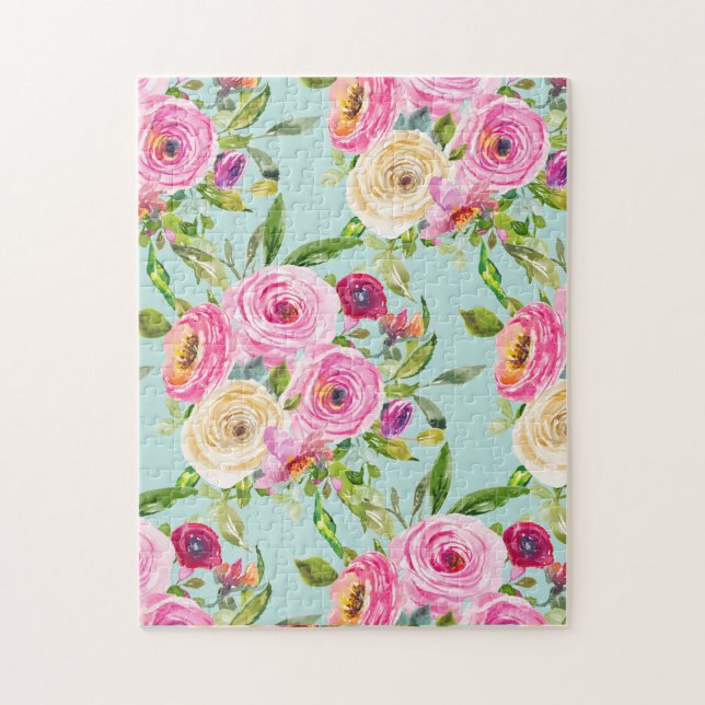 Quebra-cabeça Rosas de aquarelas a rosa e creme em aqua (Vertical)