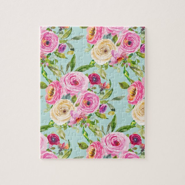 Quebra-cabeça Rosas de aquarelas a rosa e creme em aqua (Vertical)