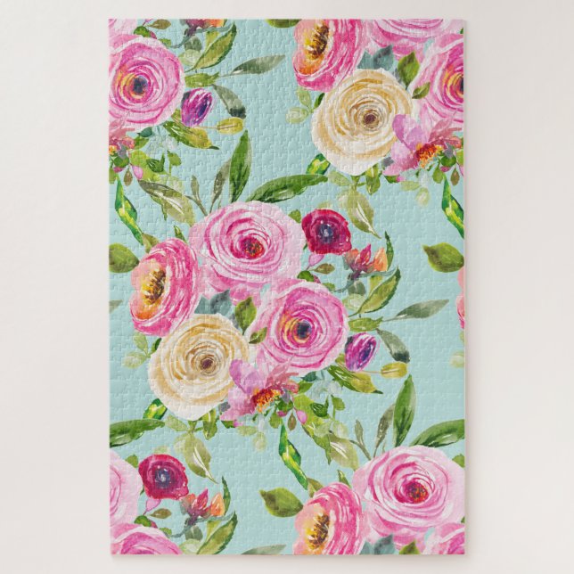 Quebra-cabeça Rosas de aquarelas a rosa e creme em aqua (Vertical)