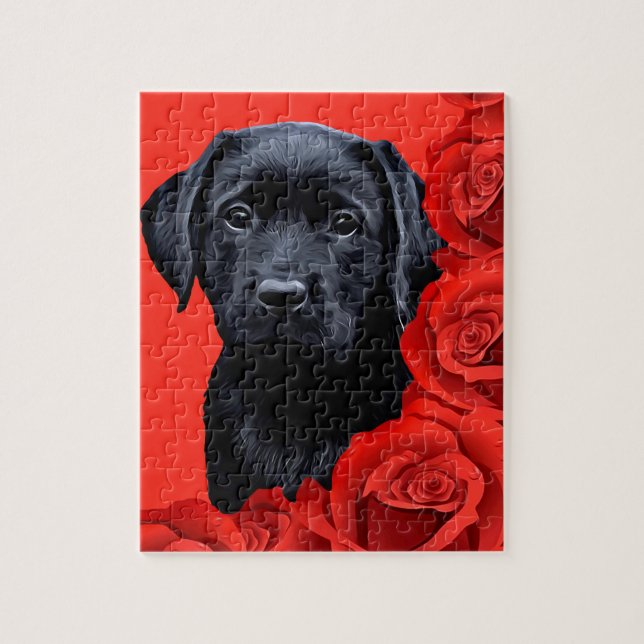 Quebra-cabeça Rosas de Puppy do Black Labrador Retriever (Vertical)