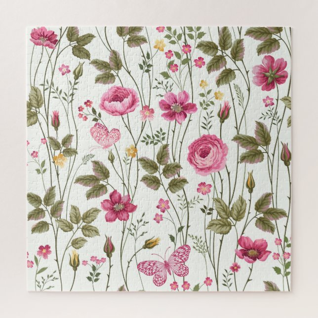 Quebra-cabeça Rosas e Borboletas: Floral sem costura (Vertical)