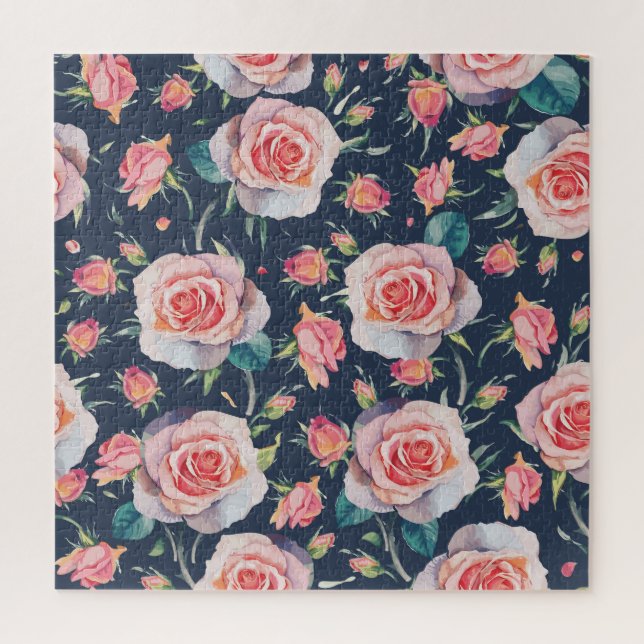 Quebra-cabeça Rosas e Rosebuds: Floral Sem Costura. (Vertical)