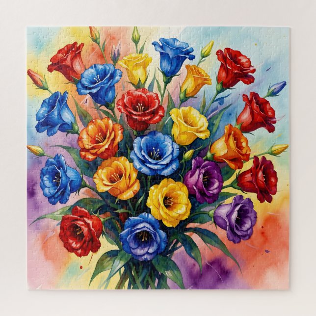 Quebra-cabeça Rosas Lisianthus Aquarela Multicor Vibrante  (Vertical)