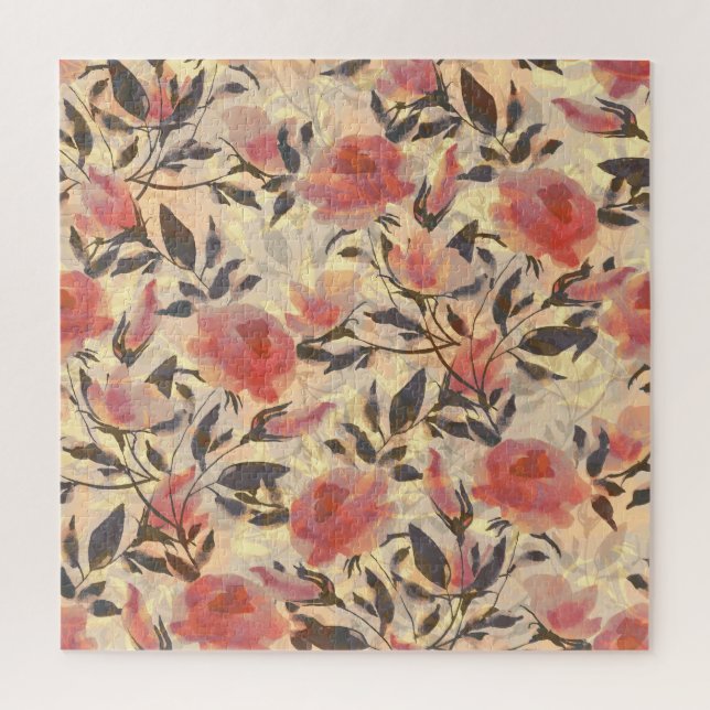 Quebra-cabeça rosas selvagens primavera: padrão de aquarelas. (Vertical)