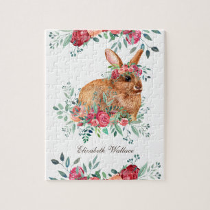 Quebra-cabeça Rosas Vermelhas da Floresta Bunny Floral Fofo Nome