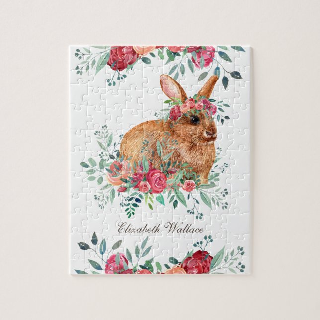 Quebra-cabeça Rosas Vermelhas da Floresta Bunny Floral Fofo Nome (Vertical)