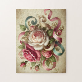 Quebra-cabeça Rosas Vintage & Fitas Arte Floral Romântica