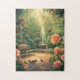 Quebra-cabeça Rosengarten mit Springbrunnen im Sommer