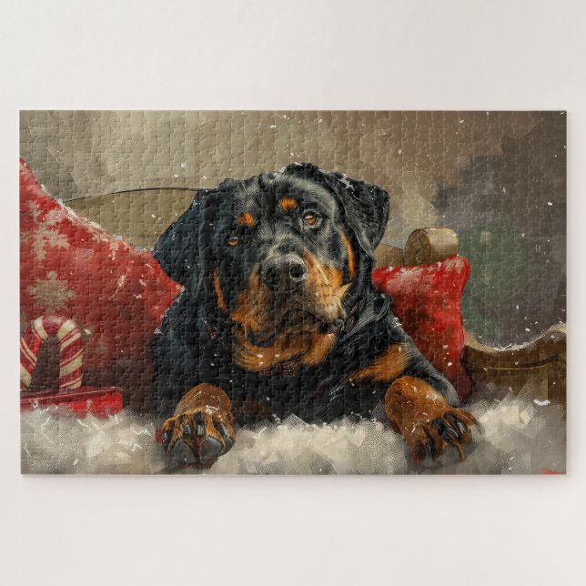Quebra-cabeça Rottweiler Cachorro Natal Festivo (Horizontal)