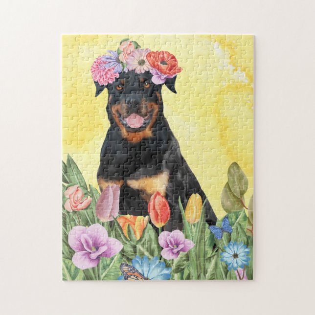 Quebra-cabeça Rottweiler Cão com Primavera de Flores (Vertical)