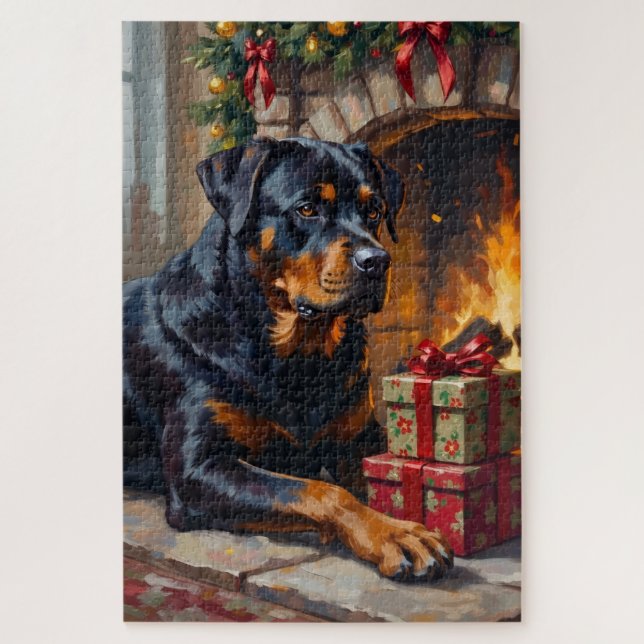 Quebra-cabeça Rottweiler Christmas Fireplace Guardian (Vertical)