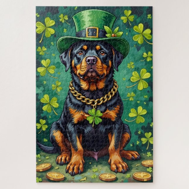 Quebra-cabeça Rottweiler Dia de São Patrício Cão Sortudo (Vertical)