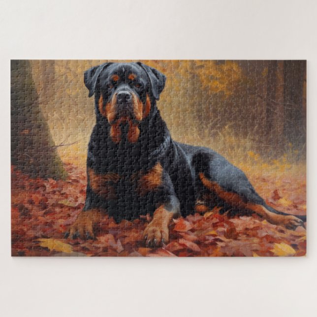 Quebra-cabeça Rottweiler no Outono Folhas Caídas Inspiram (Horizontal)