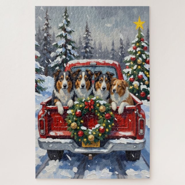 Quebra-cabeça Rough Collie Christmas Red Truck Holiday (Vertical)