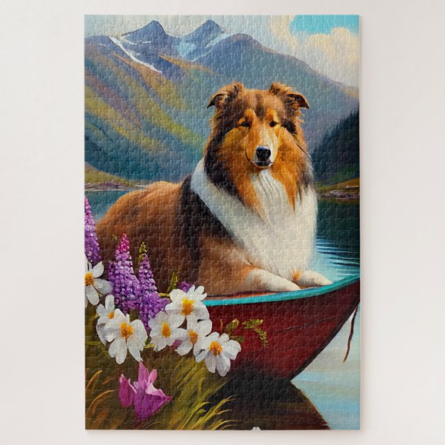 Quebra-cabeça Rough Collie em uma Canoa: Uma Aventura Cênica (Vertical)