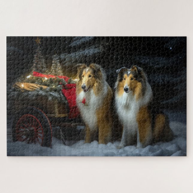 Quebra-cabeça Rough Collie Nevado Trenó Natal Decoração de Natal (Horizontal)