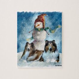 Quebra-cabeça Rough Collies com Snowman no Natal