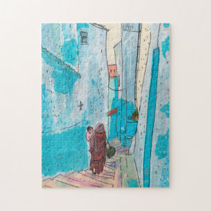 Quebra-cabeça Rua Chefchaouen Marrocos Paper Collage Sketch