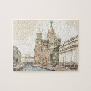 Quebra-cabeça Rua da Igreja de Petersburgo - Viagem de Aquarela