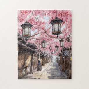 Quebra-cabeça Rua Japonesa com Árvores de Flor de Cereja