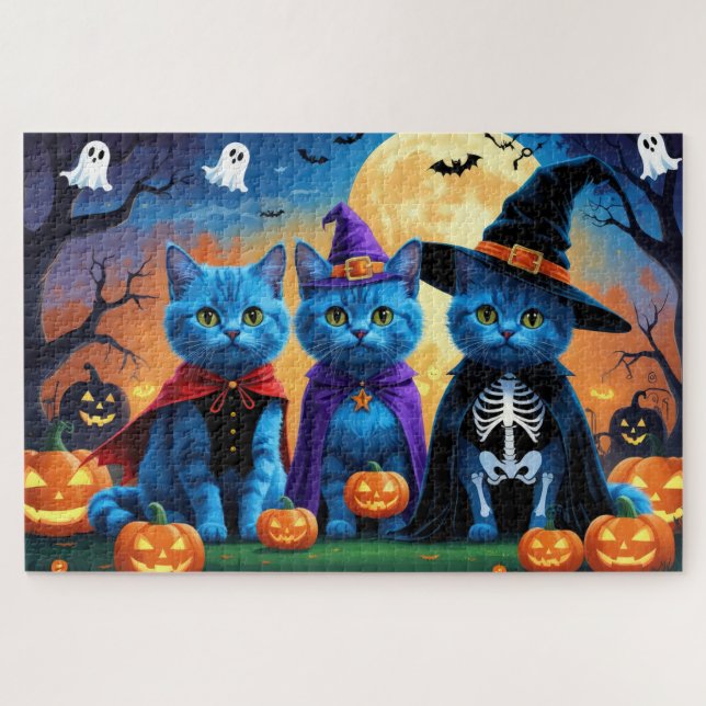 Quebra-cabeça Russo Blue Cats Pumpkin Halloween Engraçado (Horizontal)