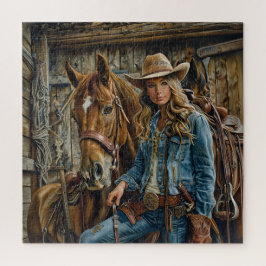 Quebra-cabeça Rustic Cowgirl in Denim with Horse Western Barn