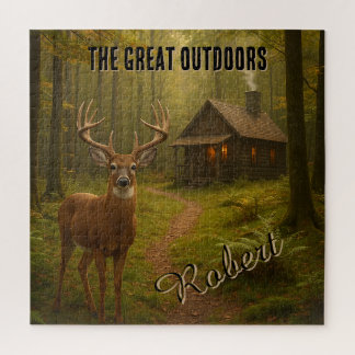 Quebra-cabeça Rustic Deer Hunting Cabin Forest Signature Name