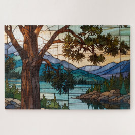 Quebra-cabeça Rustic mountain range landscape stain glass 