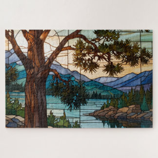 Quebra-cabeça Rustic mountain range landscape stain glass 
