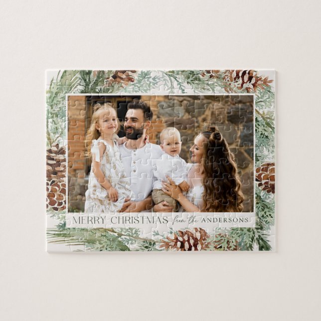 Quebra-cabeça Rustic Watercolor Pine Cone Wreath Photo (Horizontal)