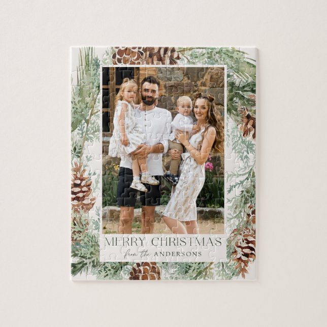 Quebra-cabeça Rustic Watercolor Pine Cone Wreath Photo (Vertical)