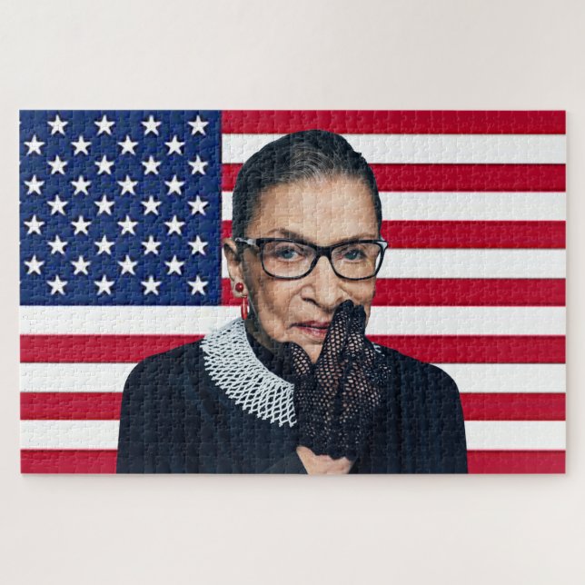 Quebra-cabeça Ruth Bader Ginsburg com a bandeira americana (Horizontal)