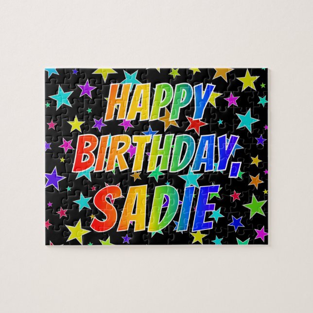 Quebra-cabeça "SADIE" Primeiro Nome, Diversão "FELIZ ANIVERSÁRIO (Horizontal)
