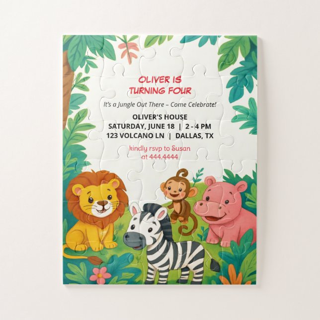 Quebra-cabeça Safari Animais de Aniversário Convite para Rapazes (Vertical)
