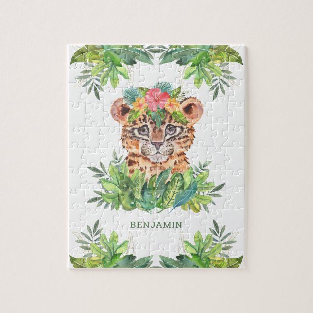 Quebra-cabeça Safari de Selva Tropical Leopardo Fofo Nome das Cr (Vertical)