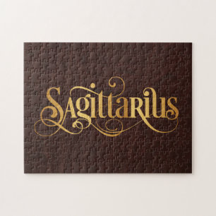 Quebra-cabeça Sagittarius Swirly Script Dourado em Couro