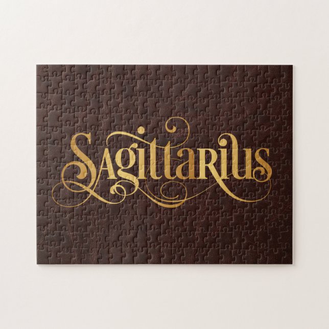 Quebra-cabeça Sagittarius Swirly Script Dourado em Couro (Horizontal)
